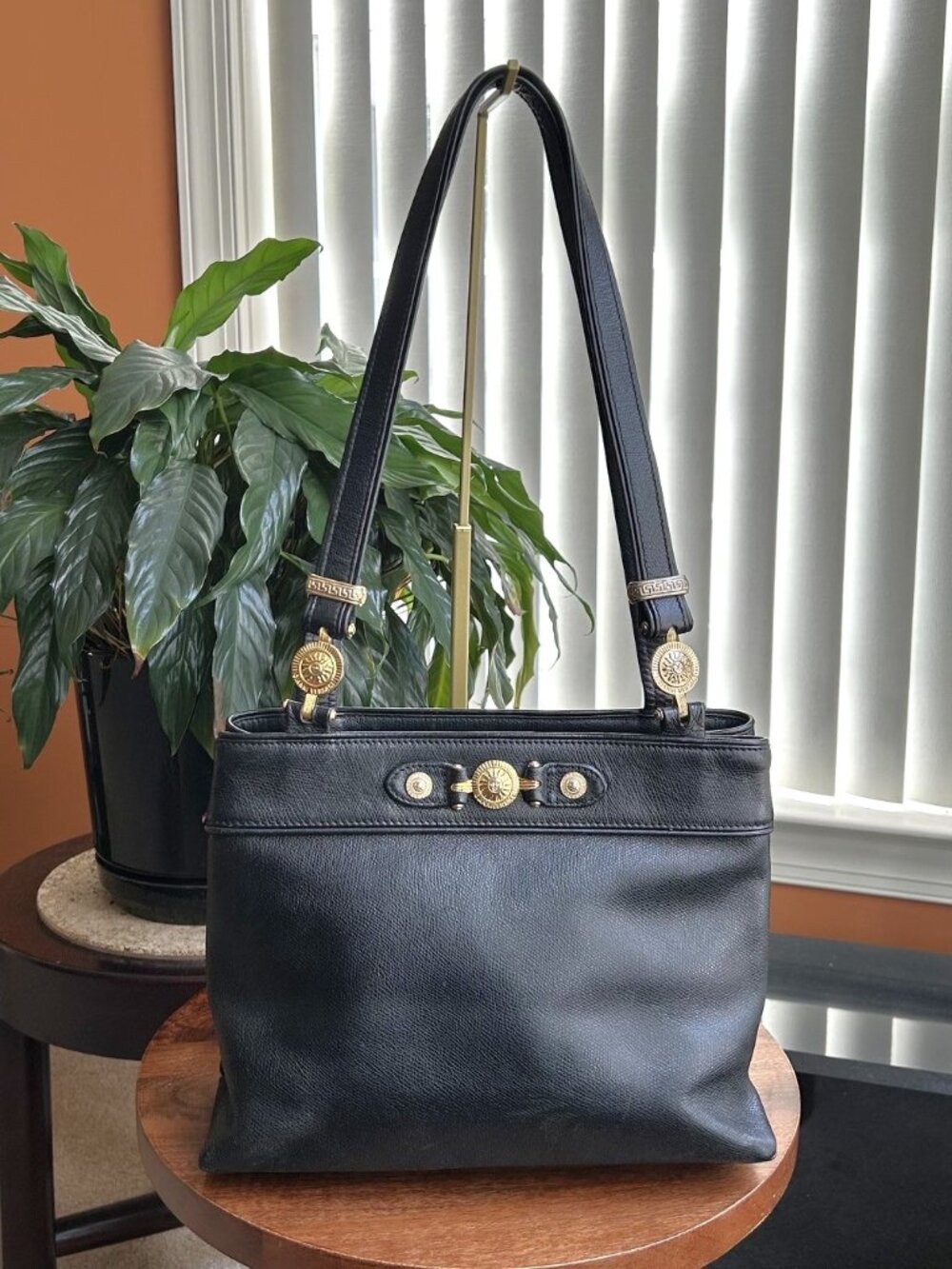 VERSACE Starburst Leather Tote, Black